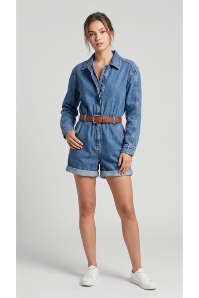 Estilo Fashion Kadın Topchic Kemerli ve Dolgulu Kot Tulum