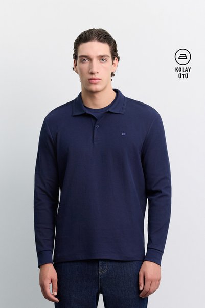 Avva Men's Navy Blue Non-Curling Polo Collar Easy-Iron Basic Sweatshirt B001080