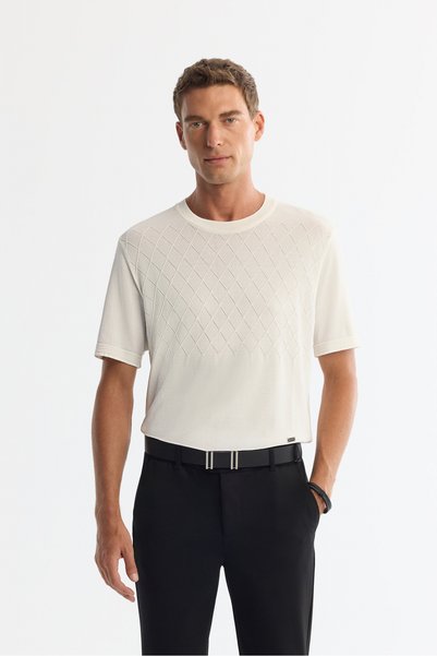 Avva Men's Ecru Crew Neck Jacquard Rayon Knitwear Regular Fit T-Shirt A42Y5008