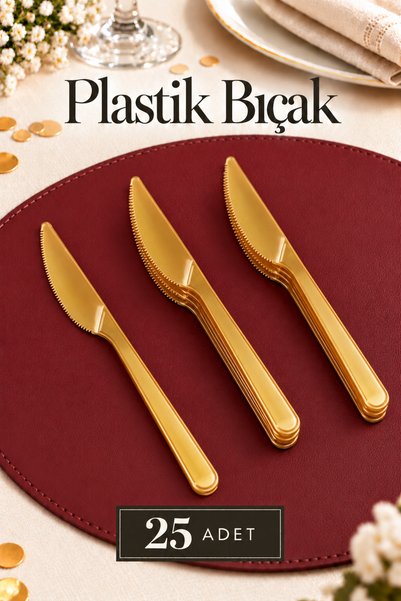 Ezupack 25'li LÜX SERT PLASTİK Altın Bıçak Parti Doğum Günü Sunum Davet Nişan...