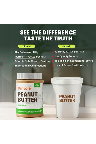 Pintola All Natural Peanut Butter (Creamy) - 1kg, Unsweetened, Non-GMO, Gluten Free