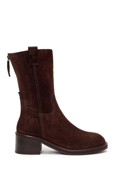 Derimod Women's Brown Zippered Chunky Heel Suede Leather Boots Wf140002Ds