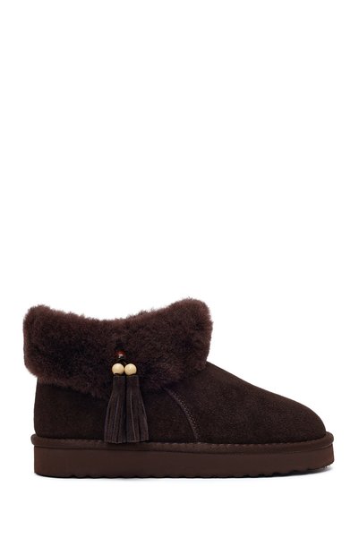 Derimod Women's Brown Stone-Embellished Suede Leather Teddy Boots Wf530037Ds