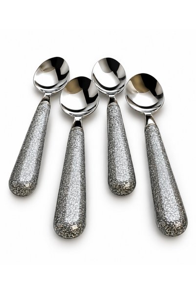 Amefa Set 4 Lingurițe Desert – Tacâmuri cu Mâner Glitter Argintiu, Design Ele...