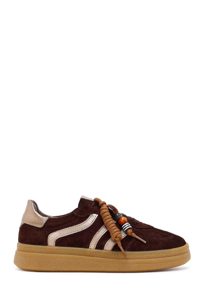 Derimod Women's Brown Lace-Up Charmlı Suede Leather Sneaker Af450016Ds