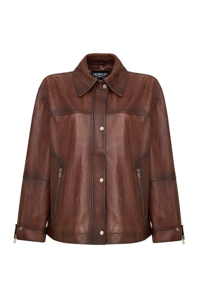 Derimod Britney Women's Brown Shirt Collar Oversized Leather Coat 25Wge5629Nc