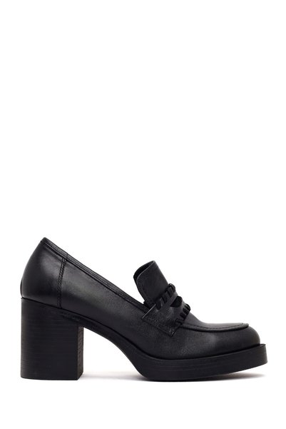 Derimod Women's Black Thick Heeled Leather Loafer Af190043Dv