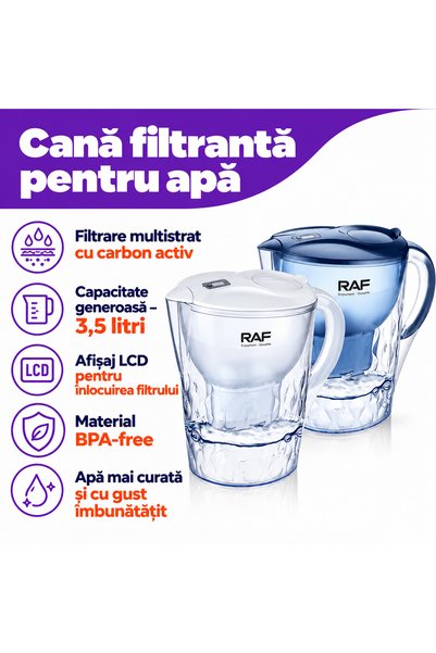 RAF Cană filtrantă pentru apă, 3.5 Litri, cu filtrare multistrat și afișaj LCD