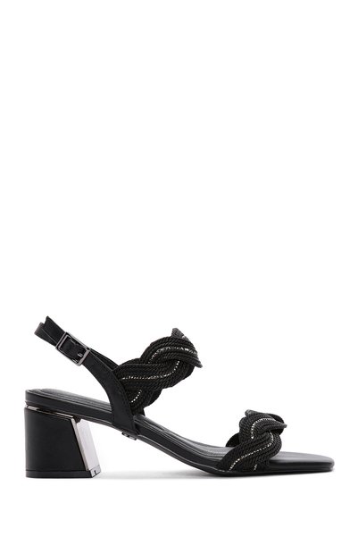 Derimod Women's Black Braided Thick Short Heeled Shoes Sandals 25Sfd440714