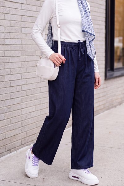 Modamorfo Pantaloni din denim cu picior larg, talie elastică și detaliu din d...