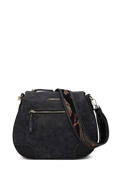 Derimod Women's Black Long Strap Nubuck Crossbody Bag Ab520004Sn