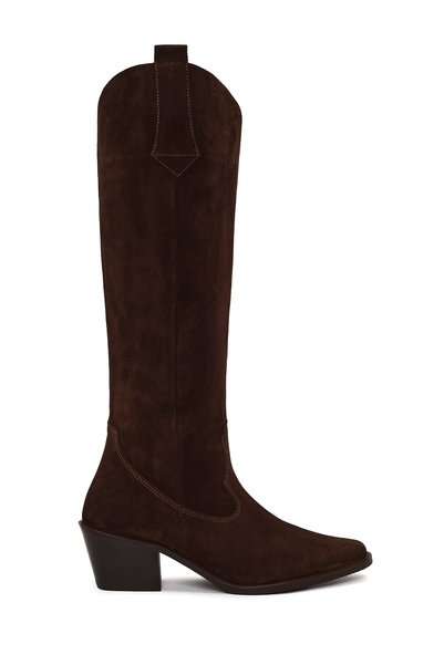 Derimod Women's Brown Thick Heeled Suede Leather Cowboy Boots Af170005Ds