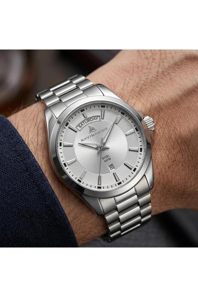 Navimarine Silver-Tone Steel Case Men's Wristwatch with Calendar and Steel St...