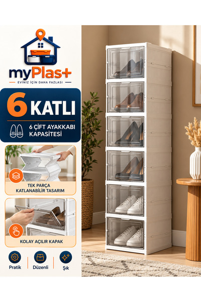 Myplas 6 Katlı Portatif Kapaklı Saklama Dolabı Katlanır Plastik Ayakkabılık O...