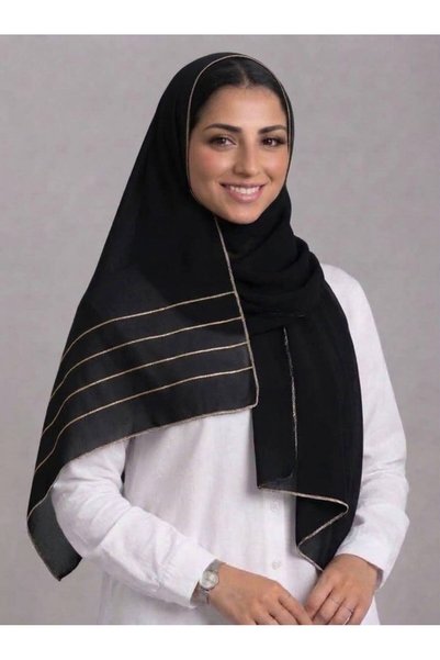 Veil Designer طرحه بوال اسود قماش ياباني طبقتين تحديد ذهبي علي الطرفين لاستخد...