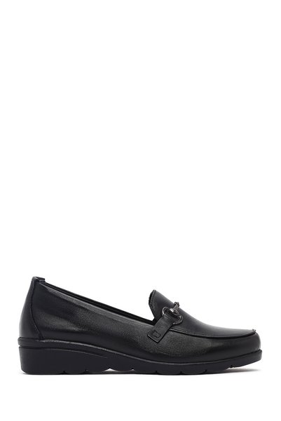 Derimod Women's Black Buckle Wedge Genuine Leather Loafer, Winter Shoes 25Afd...