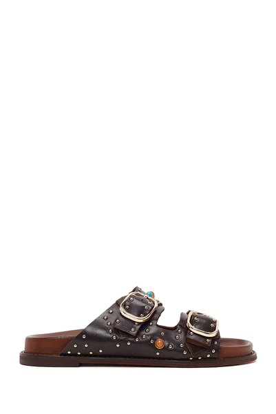 Derimod Women's Brown Studded Leather Slippers 26Sfd550818