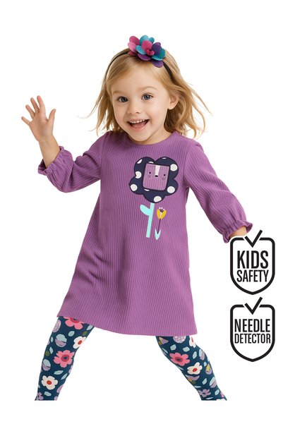 Denokids Kız Çocuk Kışlık Çiçek Desenli Kadife Lila Uzun Kollu Fırfırlı Elbis...