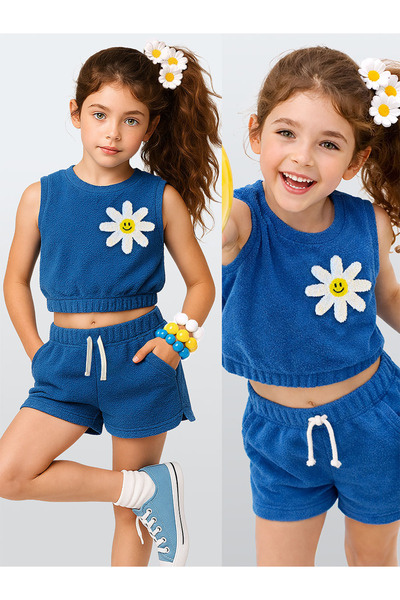 Denokids Girls' Set Daisy Floral Terry Cloth Crop Top Shorts Set Spring Summe...