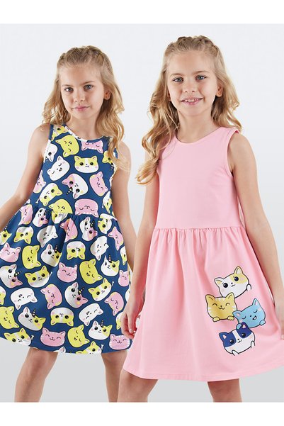 Denokids Sevimli Kediler Kız Çocuk 2'li Elbise