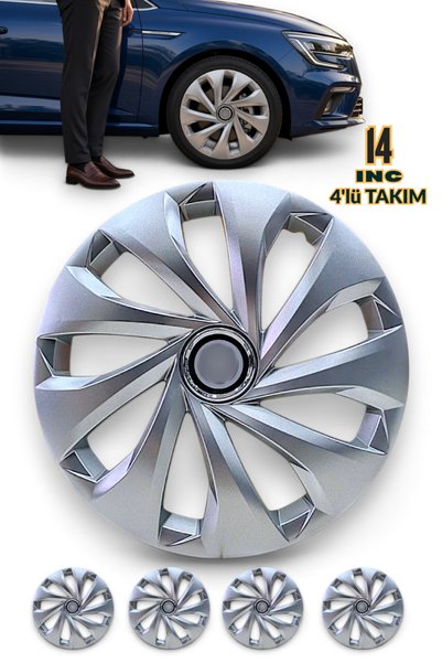 YONGA OTO AKSESUAR RENAULT Kangoo Uyumlu 14 İnç Jant Kapağı 4 Adet Gümüş + 4 Amblem + 8 Cırt Kelepçe