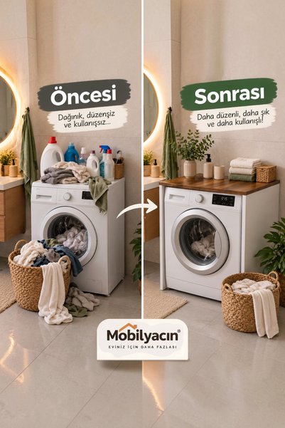 MOBİLYACIN Çamaşır Makinesi Kapaksız Banyo Dolabı Mat Beyaz - Barok