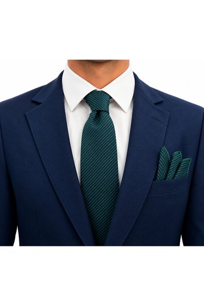 Brianze 7 cm Navy Blue Green Patterned Tie and Handkerchief Set
