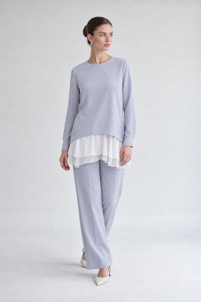 Levidor Chiffon-Detailed Tunic Set, Gray