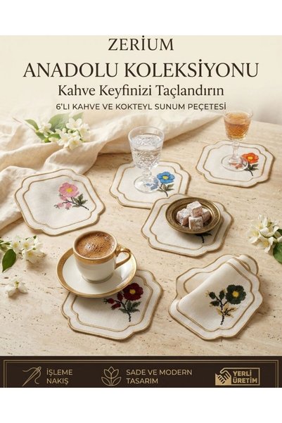ZERİUM مجموعة فاخرة من 6 مناديل تقديم للقهوة والكوكتيلات، مزينة بتطريزات زهور...