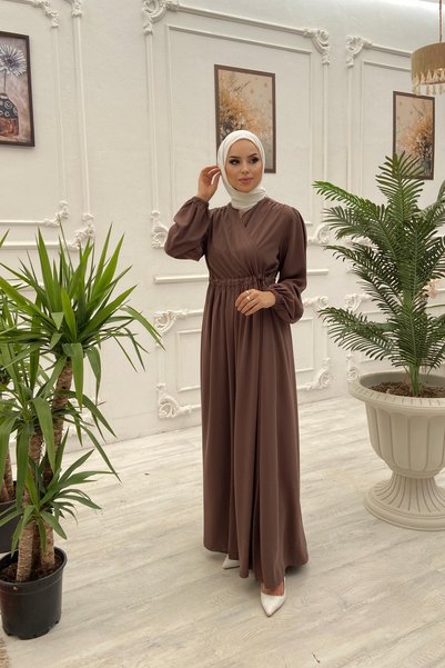 BEREL Hijab Dress Ferace Dark Mink Hürrem Inner and Outer Tie-Down Crepe Fabr...