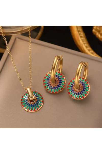 Choice AMS80032 2 PCS Set Hear/Round Epoxy Earring Necklace Set Gold Color Me...