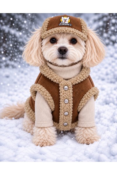 Lokums Dog Vest and Hat Winter Set – Cream Welsoft Detailed, with Snap Fasteners