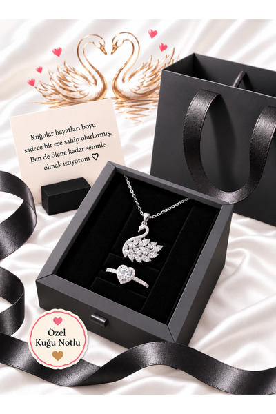 Aroma Hediye Gümüş Kaplama Kuğu Kolye Beyaz Kalp Yüzük Set Kadın Çelik Takı P...