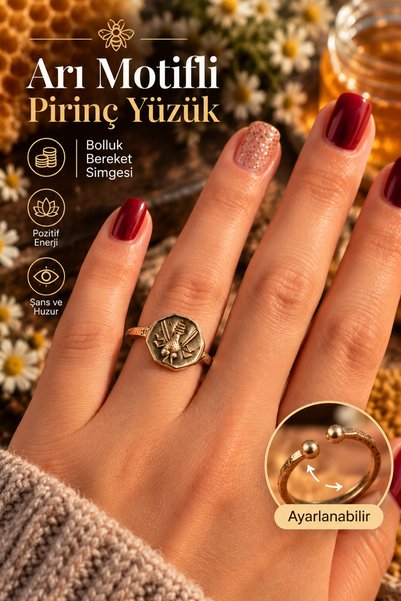 NBS Beautiful Naturel Stones Copper Ring Adjustable Bee Model Abundance Abund...