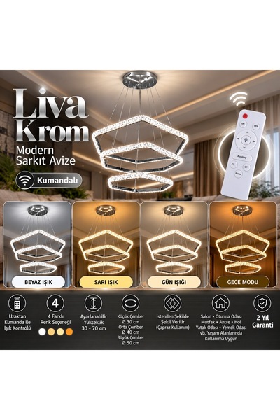 mubeda aydınlatma Liva Krom Modern 3’lü LED Sarkıt Avize - 4 Renk Aydınlatma ...