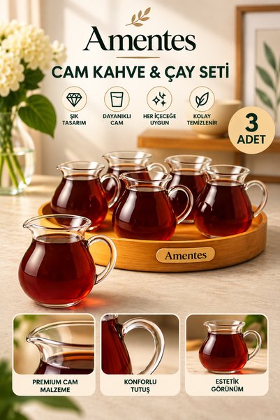 Amentes 3 lü Keyfi Ala Borosilikat Cam Kulplu Çay Bardağı 210ml Bardak
