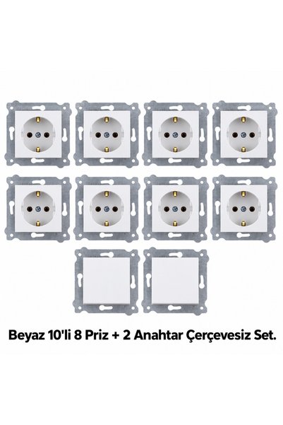 EXEN Beyaz 10'li 8 Topraklı Priz + 2 Anahtar Çerçevesiz Set