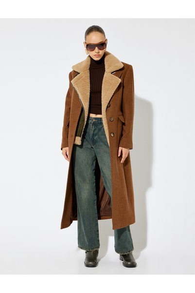 Koton Extra Long Double-Breasted Cashmere Coat with Pockets and Buttons