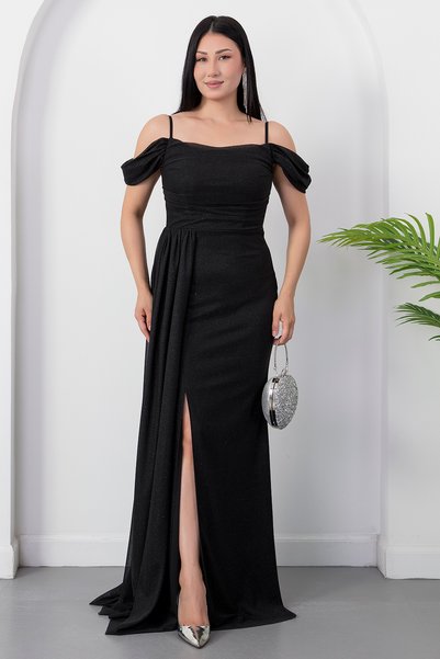 PULLIMM Rochie de seară lungă din tul cu sclipici cu mâneci căzute 39433