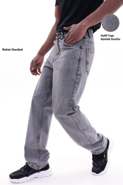 Freemen Erkek Gri Baggy Bol Kesim Kot Pantolon