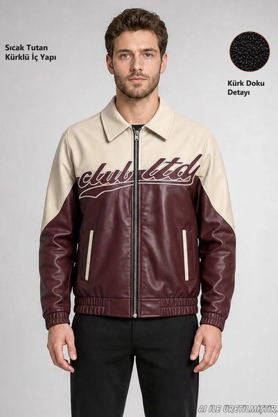 Freemen Men's Burgundy Double Color Oversize Faux Leather Jacket with Fur Inside