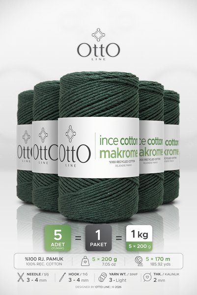 OTTO LINE خيط قطني رفيع ماكراميه • أخضر زمردي • عبوة من 5 قطع × 200 جرام / 17...