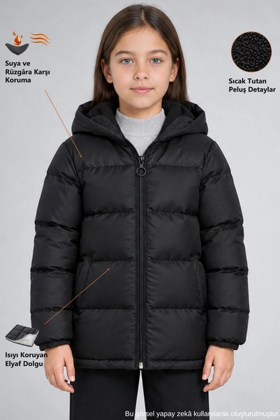 Freemen Girl's Black Fleece Fur Hooded Waterproof Wind Resistant Pocket Puffe...