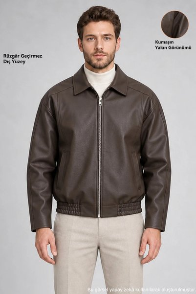 Freemen Men's Brown Oversize Faux Leather Coat with Zipper and Elastic Waist ...