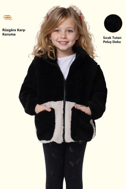 Freemen Girl's Plush Black Ecru Zippered Welsoft Winter Coat