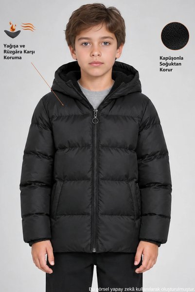 Freemen Boy's Black Fleece Fur Hooded Waterproof Wind Resistant Pocket Puffer...