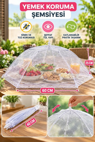 Hane Dostu 60 cm Katlanabilir Yemek Koruma Şemsiyesi Şeffaf Tül Sinek ve Toz ...