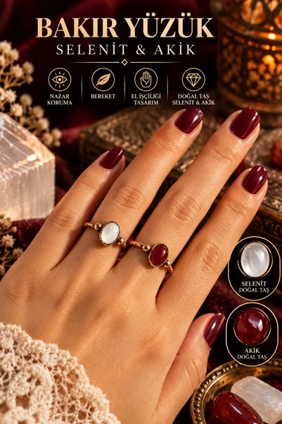 NBS Beautiful Naturel Stones Bakır Gerçek Akik , Selenit 2 Adet Yüzük El İşçi...