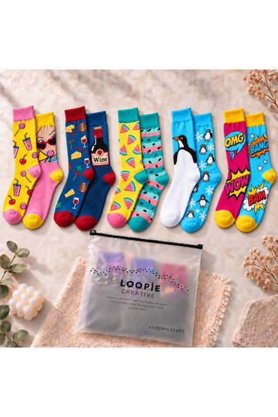 Loopie Socks 5'li Desenli Tasarım Çorap Seti - İsme Özel Şerit - Hediye Çanta