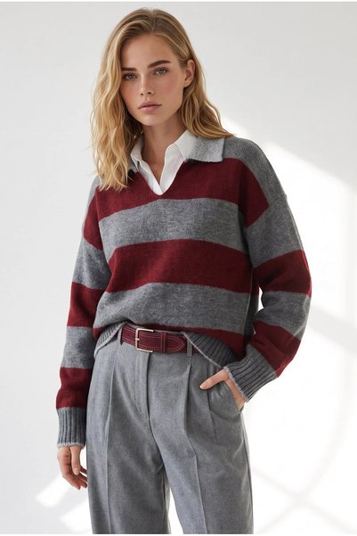 Olalook Women's Burgundy Smoked Contrast Collar Polo Collar Knitwear Sweater ...